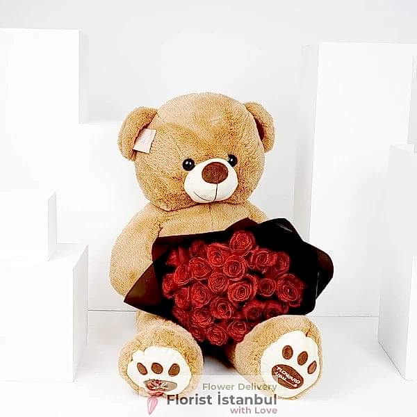 Teddy Bear & 25 Roses Bouquet Resim 1